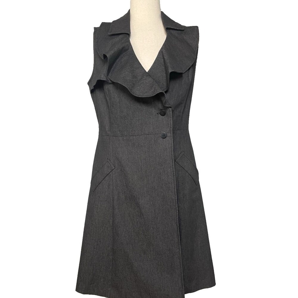 Sandra Darren Black sleeveless denim dress button closure v-neck ruffle front